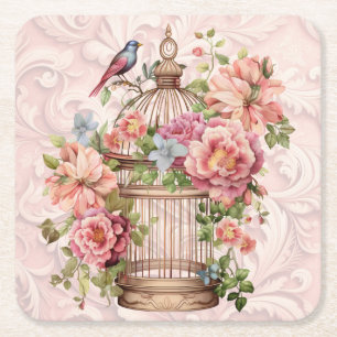 Romantischer Vintage-Wasserfarben-Blumen-Vogelkäfi Rechteckiger Pappuntersetzer
