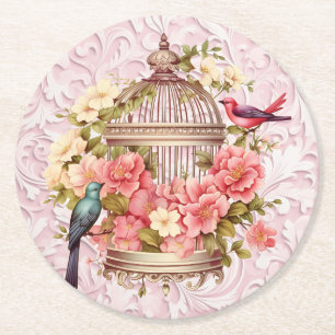 Romantischer Vintage-Wasserfarben-Blumen-Vogelkäfi Runder Pappuntersetzer