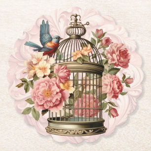 Romantischer Vintage-Wasserfarben-Blumen-Vogelkäfi Untersetzer