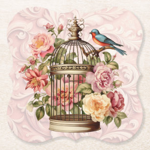 Romantischer Vintage-Wasserfarben-Blumen-Vogelkäfi Untersetzer