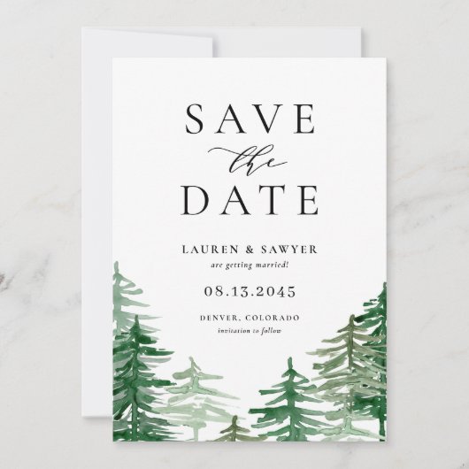Romantischer Wald mit Wasserfarbe Save The Date (Vorderseite)