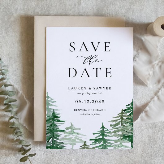 Romantischer Wald mit Wasserfarbe Save The Date