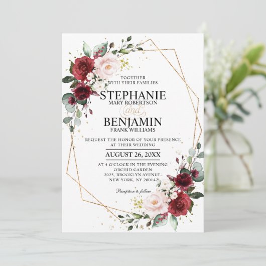 Romantischer Wasserfarbenburgund mit geometrischer Einladung (Stehend Vorderseite)