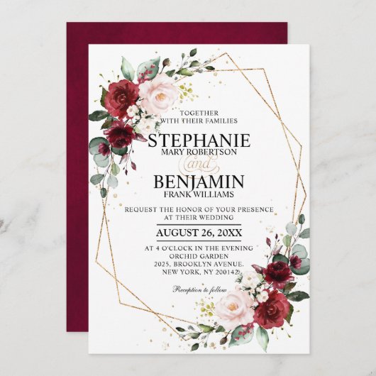 Romantischer Wasserfarbenburgund mit geometrischer Einladung (Vorne/Hinten)