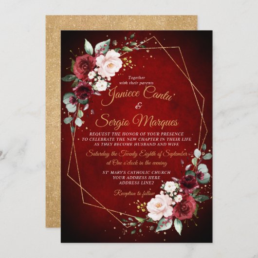 Romantischer Wasserfarbenburgund mit geometrischer Einladung (Vorne/Hinten)