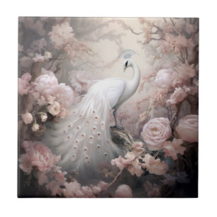 Romantischer weißer Pfau und rosafarbene Blumen Fliese