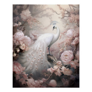 Romantischer weißer Pfau und rosafarbene Blumen Poster