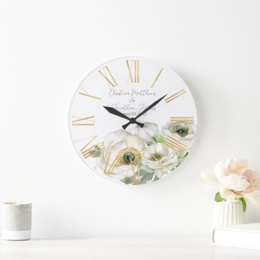 Romantischer Weißer Ranunculus Große Wanduhr (Zuhause)
