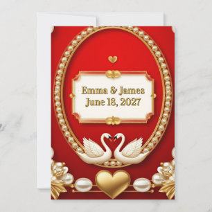 ✨ Romantischer weißer Schwan Rot Gold Hochzeit 💖 Einladung