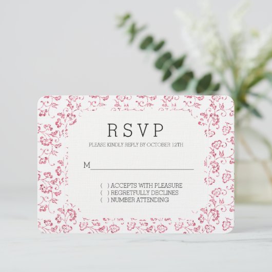 Romantischer Weißrosa Glitzer Bloral Wedding RSVP Karte (Stehend Vorderseite)