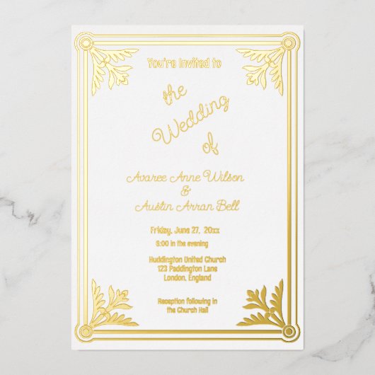 Romantischer White and Gold Foil Rahmen Folieneinladung (Vorderseite)