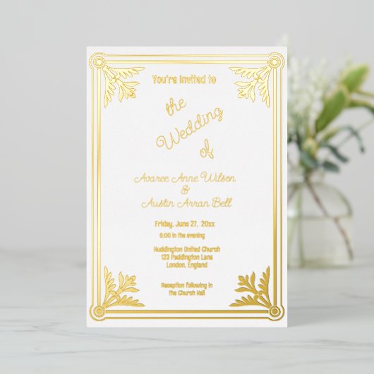 Romantischer White and Gold Foil Rahmen Folieneinladung (Stehend vorne)