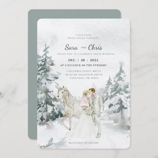 Romantischer Winterwald mit Braut und Bräutigam Einladung (Vorne/Hinten)