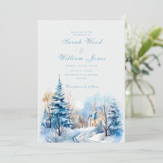 Romantischer Winterwald und Kirchenhochzeit Einladung (Stehend Vorderseite)
