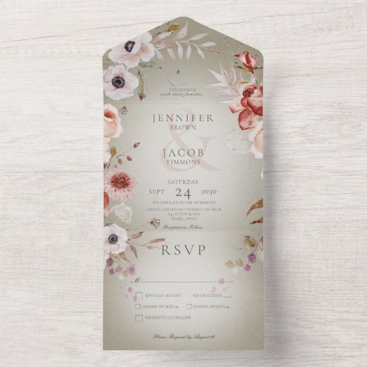 Romantisches Abendessen mit Grün und Rosa All In One Einladung (Innen Boden)