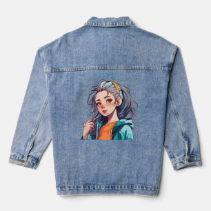 Romantisches Anime-Mädchen mit farbenfrohem, helle Jeansjacke