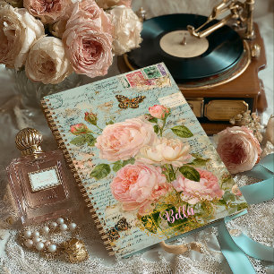 Romantisches Antikes Blaues Blumen-Junk-Journal Notizblock