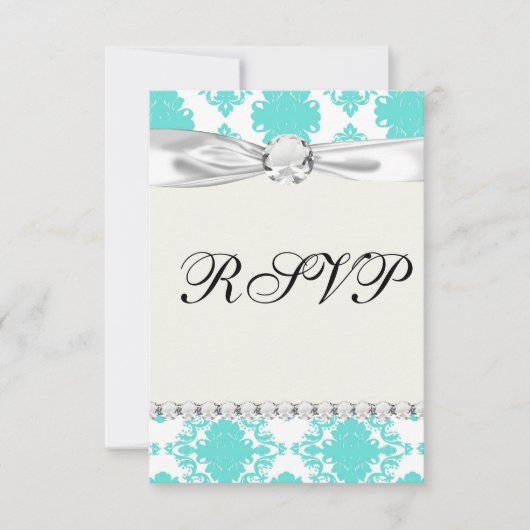 Romantisches Aqua-Blau-Damast-Design RSVP Karte (Vorderseite)