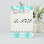 Romantisches Aqua-Blau-Damast-Design RSVP Karte (Stehend Vorderseite)