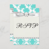 Romantisches Aqua-Blau-Damast-Design RSVP Karte (Vorne/Hinten)