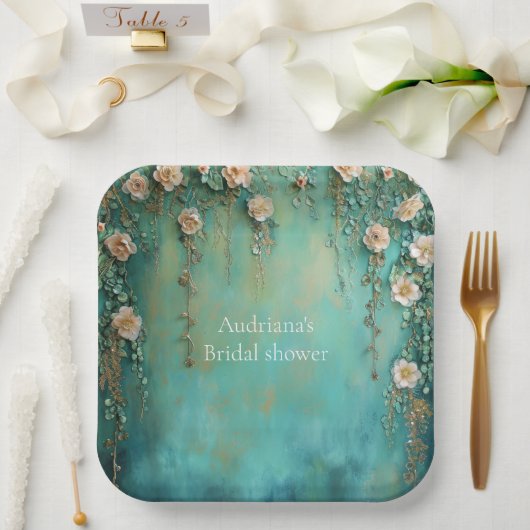 Romantisches Aquamarin Blush Pink Blume Brautparty Pappteller (Hochzeit)