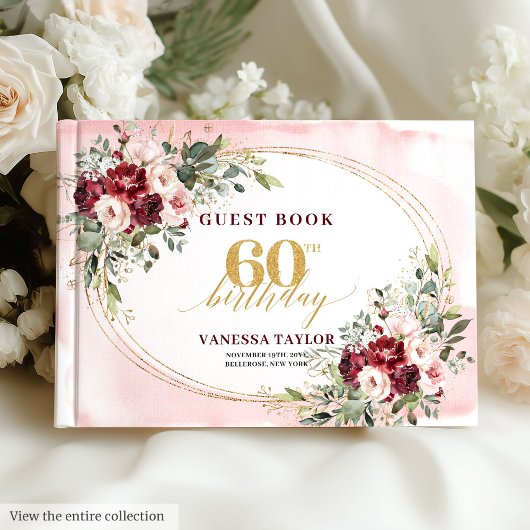 Romantisches Aquarell Boho Marsala Gold 60 Geburts Gästebuch