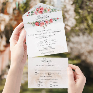 Romantisches Aquarell Rosa Rosen & Kalligrafie All In One Einladung