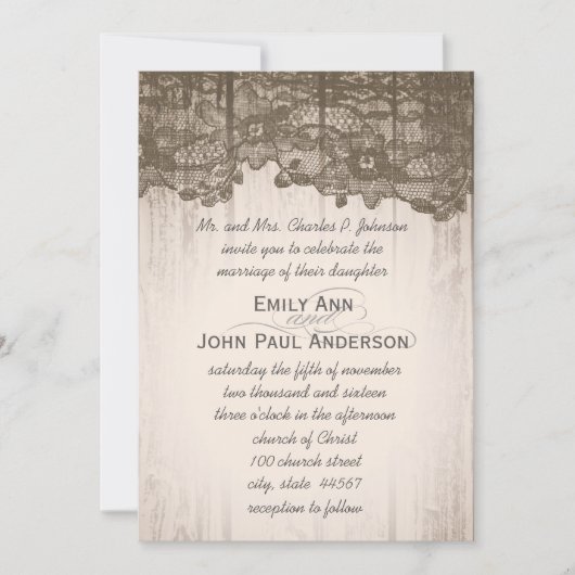 Romantisches Barnholz und Spitzen Elegante Hochzei Einladung (Vorderseite)