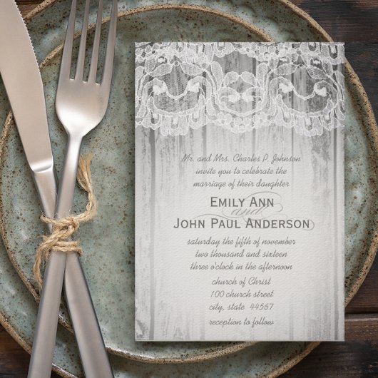 Romantisches Barnholz und Spitzen Elegante Hochzei Einladung