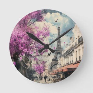 Romantisches Bild von PAris mit dem Eiffelturm Runde Wanduhr