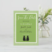 Romantisches Black Cat Couple Green Gingham Patter Save The Date (Stehend Vorderseite)