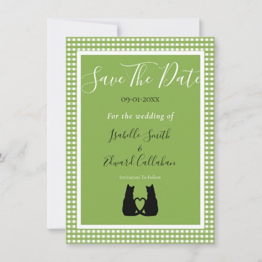 Romantisches Black Cat Couple Green Gingham Patter Save The Date (Vorderseite)