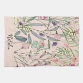 Romantisches Blattaquarell mit Monogramm rosa Geschirrtuch (Horizontal)