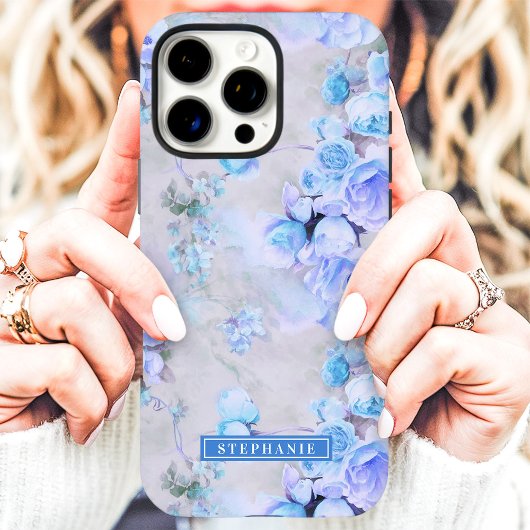 Romantisches Blau und Graue Name Floral Case-Mate iPhone Hülle