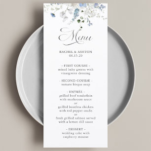 Romantisches blau-weiß-grünes Blumen-Hochzeitsmenü Menükarte