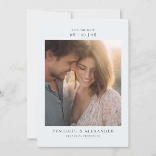Romantisches blaues Blumenfoto Save The Date (Vorderseite)