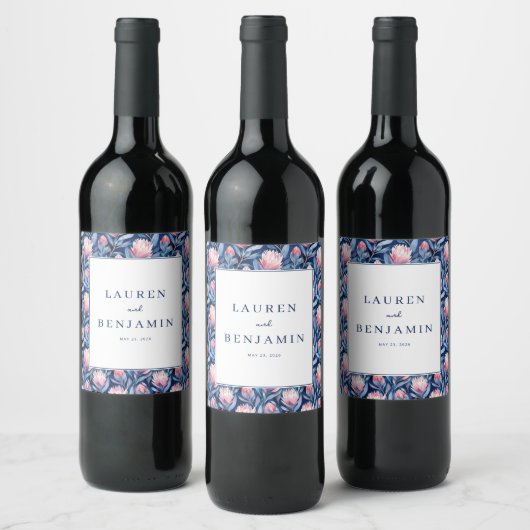 Romantisches Blaues Blumenmuster Weinetikett (Flaschen)