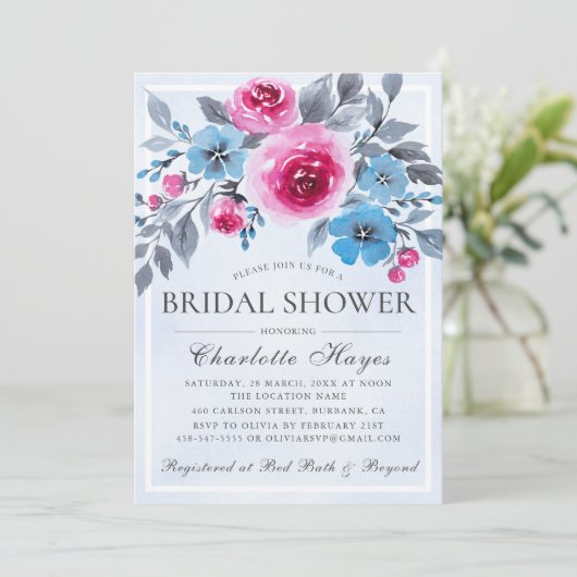 Romantisches blaues Brautparty Einladung (Stehend Vorderseite)