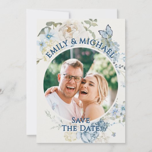 Romantisches Blue Floral Foto QR Code Einladung (Vorderseite)