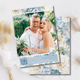 Romantisches Blue Floral Foto QR Code Hochzeit Einladung