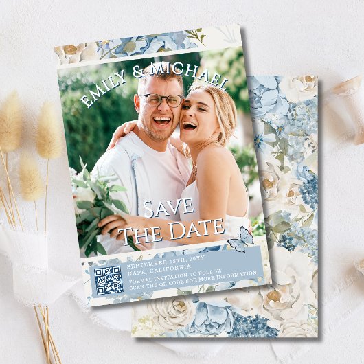 Romantisches Blue Floral Foto QR Code Hochzeit Einladung