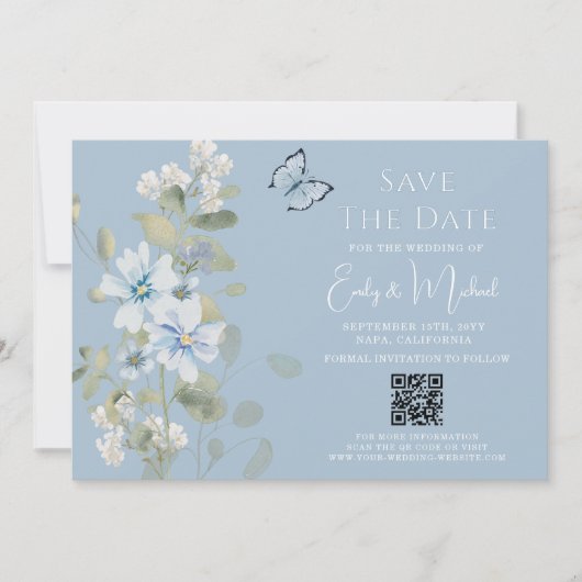 Romantisches Blue Floral Foto QR Code Hochzeit Save The Date (Vorderseite)