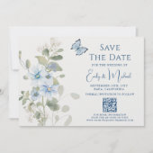 Romantisches Blue Floral Foto QR Code Hochzeit Save The Date (Vorderseite)