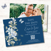 Romantisches Blue Floral Foto QR Code Hochzeit Save The Date