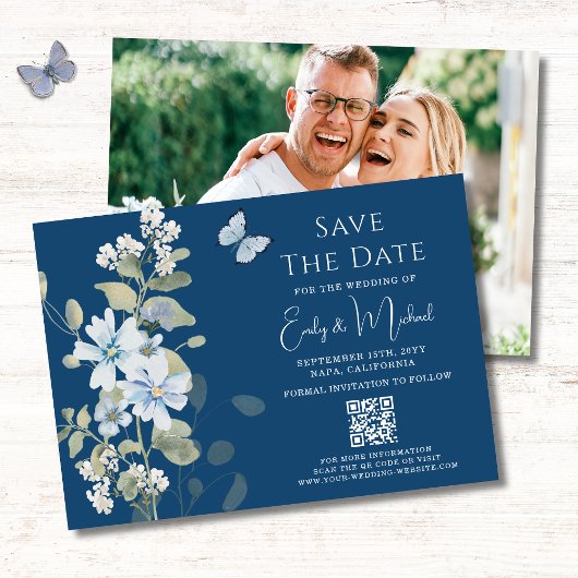 Romantisches Blue Floral Foto QR Code Hochzeit Save The Date