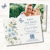 Romantisches Blue Floral Foto QR Code Hochzeit Save The Date