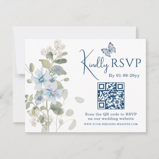 Romantisches Blue Floral UAWG QR Code Foto Hochzei RSVP Karte (Vorderseite)