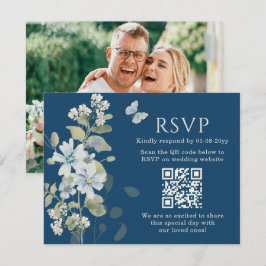 Romantisches Blue Floral UAWG QR Code Foto Hochzei RSVP Karte
