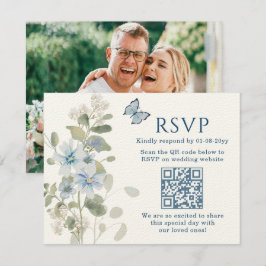 Romantisches Blue Floral UAWG QR Code Foto Hochzei RSVP Karte