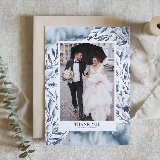 Romantisches Blue Watercolor Botanicals Foto Hochz Dankeskarte